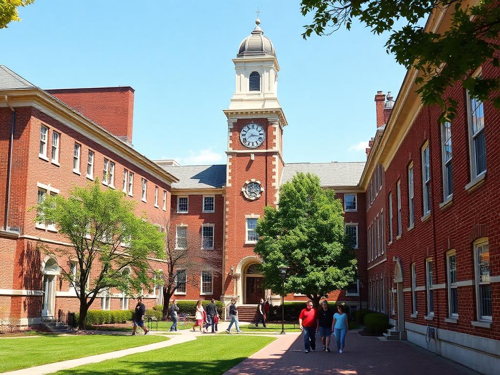 American university campus with clock tower